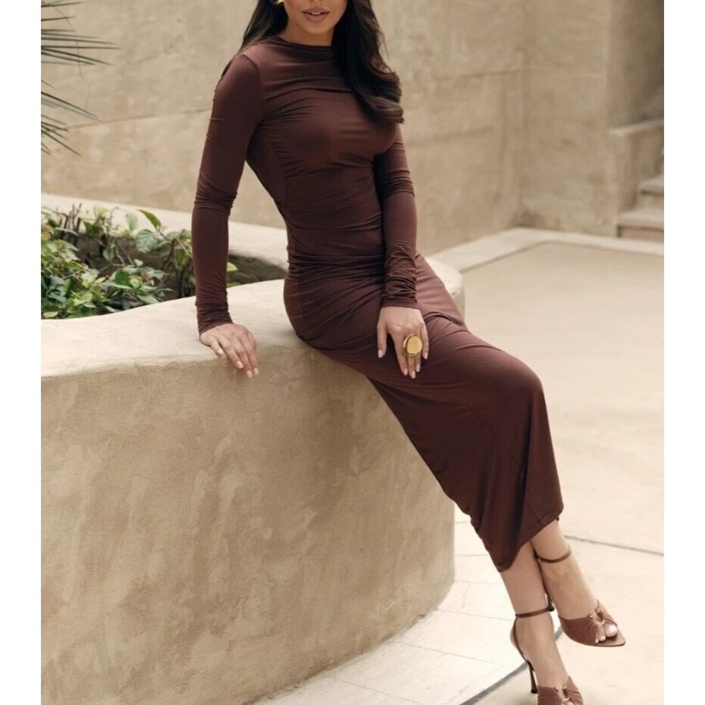 Zara High Neck Ruched Maxi Dress Women S‎ Brown 90s Minimalist Glam Earthy